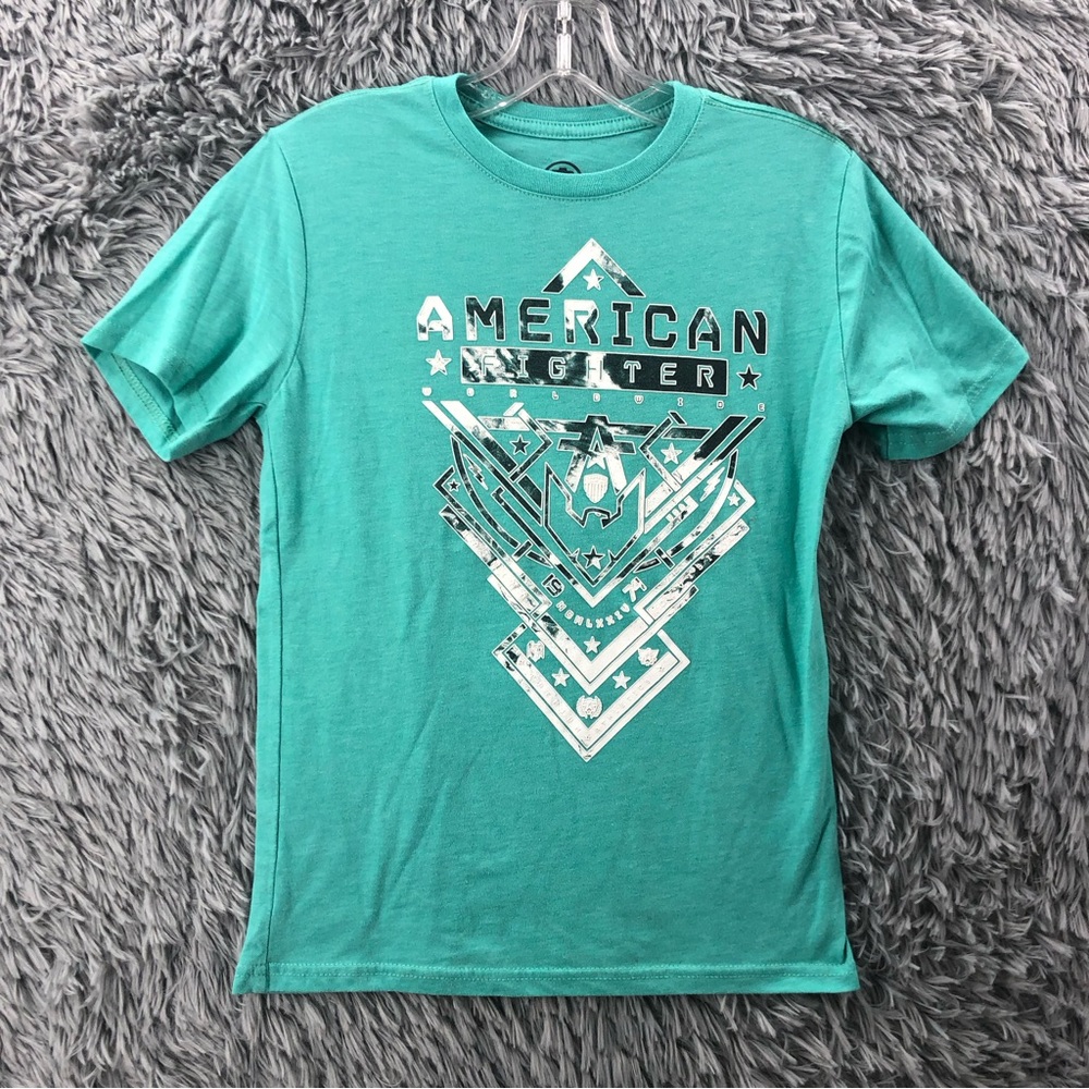 American Fighter Tshirt Youth Large Logo Spellout Short Sleeve Green Shirt